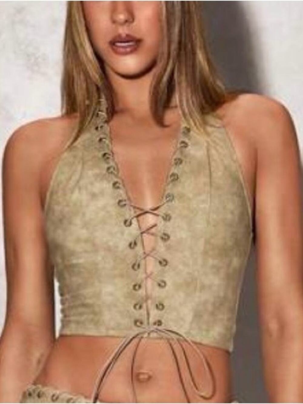SHEIN Khaki Suede-Look Western metal ring Lace-Up backless Halter Crop Top XS